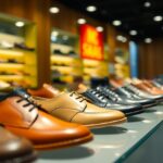 A row of men's dress shoes, showcasing Indonesian quality shoes in various styles and colors, such as brown and black, displayed on a glass shelf in a brightly lit shoe store. Shelves in the background hold additional options, while a red "50% SALE" sign is partially visible.