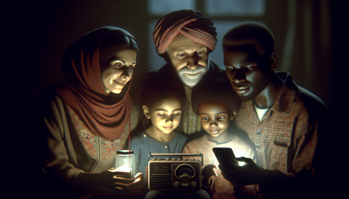 Family using a battery-powered radio and smartphone for emergency communication during a power outage.