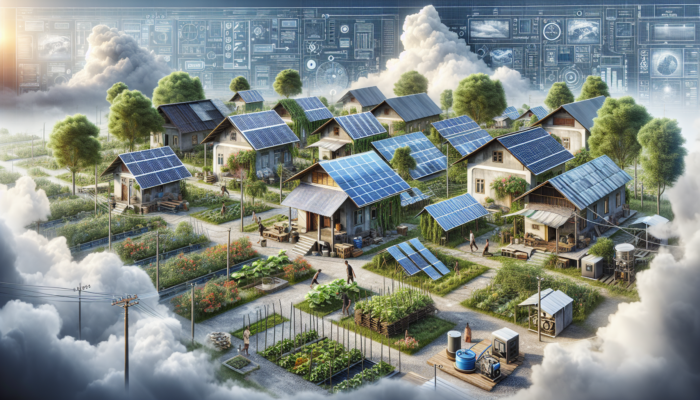 Rural community using solar panels, shared generators, gardens, and wells during power failure under cloudy sky.