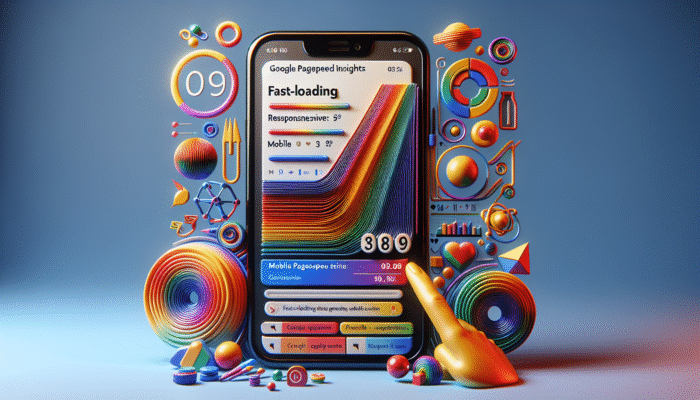 Smartphone displaying an optimized ecommerce site with fast loading times, clear images, and Google PageSpeed Insights results.