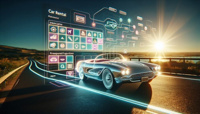 A stylish convertible on a sunlit road alongside a screen showcasing an intuitive car rental interface.