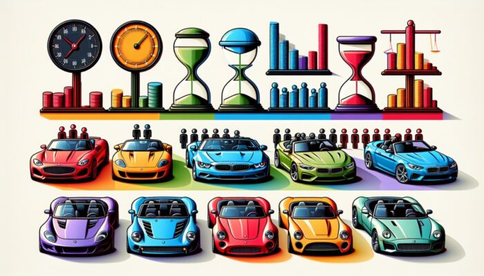 A vibrant chart comparing various convertible rental pricing models with labels and convertibles in the background.
