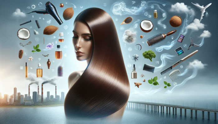 Woman showcasing repaired, shiny hair utilizing coconut and argan oil, amid environmental stressors and styling tools.