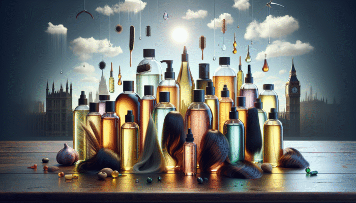 A variety of hair oils displayed on a wooden table, labeled with benefits, various hair types, against a UK weather backdrop.