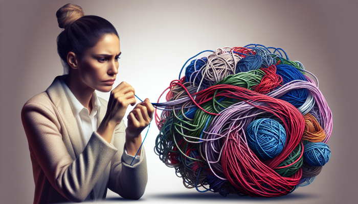 Understanding the Impact of Debt Consolidation on Spending Habits: | DCL A person untangling a complex knot of colorful threads, symbolising debt consolidation, with a clear, single thread emerging.