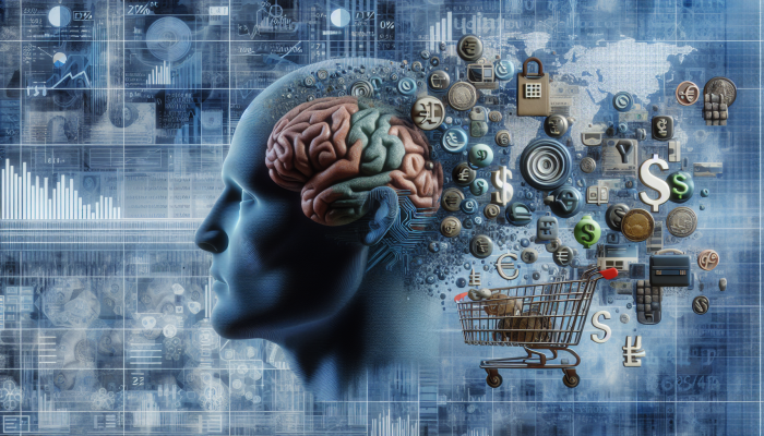 Understanding the Impact of Debt Consolidation on Spending Habits: | DCL A mind morphing into currency symbols and shopping carts against abstract financial graphs.