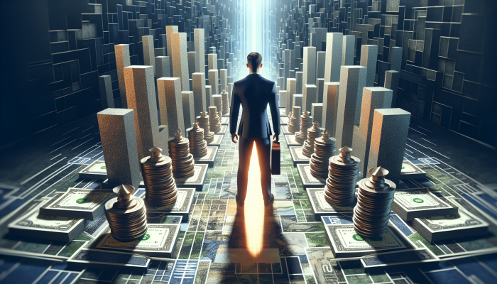 Understanding the Impact of Debt Consolidation on Spending Habits: | DCL A person confidently standing on a path with organized money stacks and debt consolidation documents, symbolising financial clarity and control.