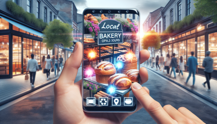 A local bakery's Google My Business profile on a smartphone, showcasing baked goods, operational hours, and customer reviews in a busy street setting.