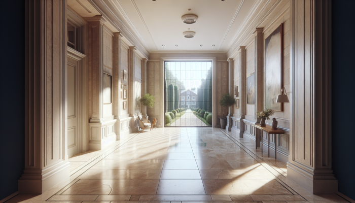 Durable travertine tiles in an elegant UK home hallway, showcasing the natural stone's texture and lasting beauty.