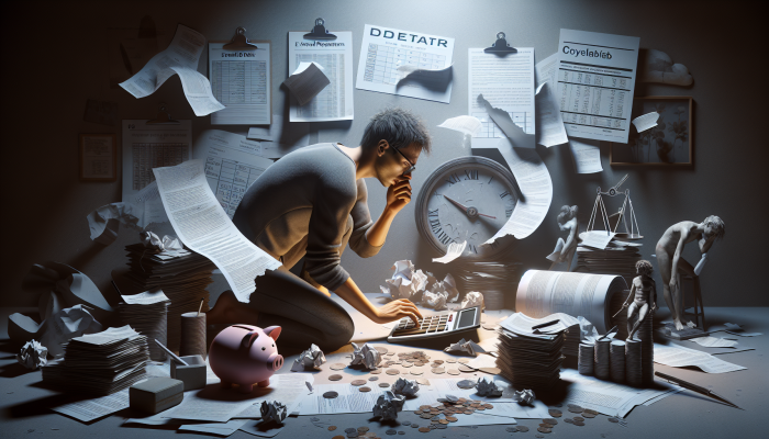 Understanding the Impact of Debt Consolidation on Future Loans: Detailed Explanation | DCL A person in a dim room, surrounded by financial documents, anxiously calculating extended debt repayment, with a calendar showing prolonged dates.