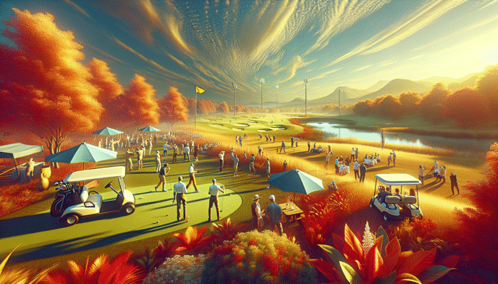 Hosting a vibrant autumn golf party in South Africa with guests enjoying pleasant weather on a lush course under a golden sky.