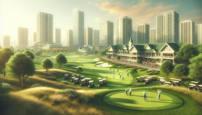 A busy golf course with players, a vibrant clubhouse, and a calendar displaying peak season dates, emphasizing booking urgency.