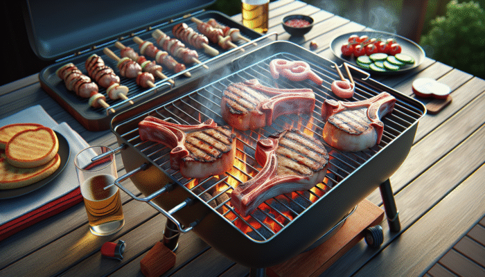 Sizzling grill with bone-in and boneless pork chops; bone-in juicy, boneless lean, summer barbecue backdrop.