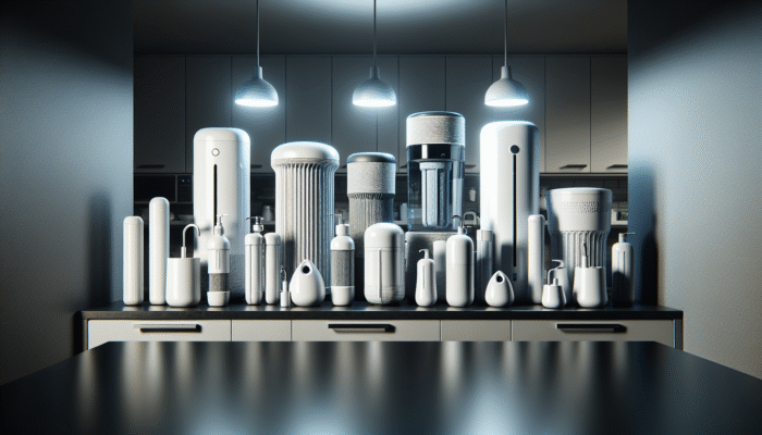 Various modern water filter systems displayed on a sleek countertop in a minimalist kitchen, clearly labeled by function and contaminant removal capabilities.