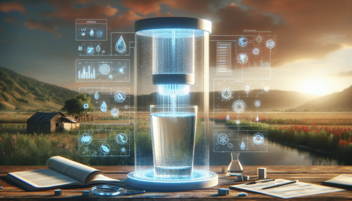 Modern water filter equipped with UV system purifying water, set in a rural environment.