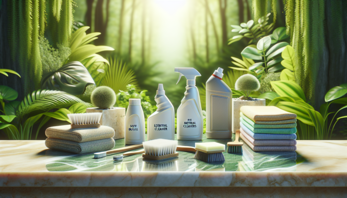 Essential travertine cleaning products showcased on a sparkling surface with a lush greenery backdrop.