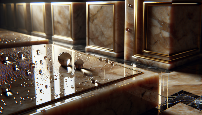 Glossy travertine tiles with water droplets in a dimly lit, elegant bathroom, illustrating sealant protection.