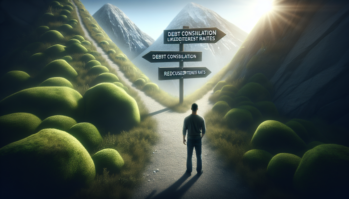 Understanding Debt Consolidation: A UK Guide | DCL A person at a crossroads between paths to 'Reduced Interest Rates' and 'Risks', symbolising debt consolidation.