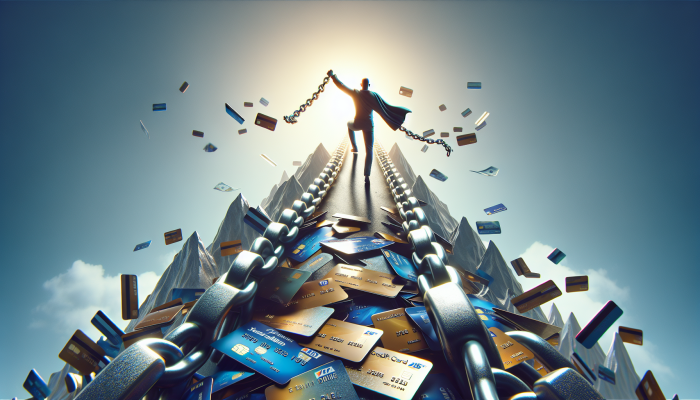 Understanding Debt Consolidation: A UK Guide | DCL A person breaking free from high-interest debt chains, atop credit cards, path to debt consolidation and lower rates.
