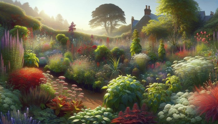 A vibrant UK herb garden showcasing healthy herbs thriving under optimal sunlight conditions.
