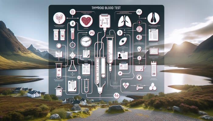 Infographic illustrating the thyroid blood test process against a backdrop of Inverness landscapes and medical icons.
