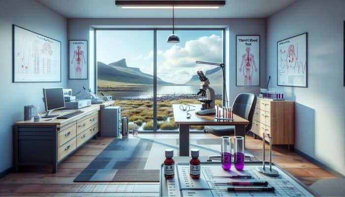 Infographic of thyroid blood test procedure in a modern Inverness clinic with a Scottish landscape view.