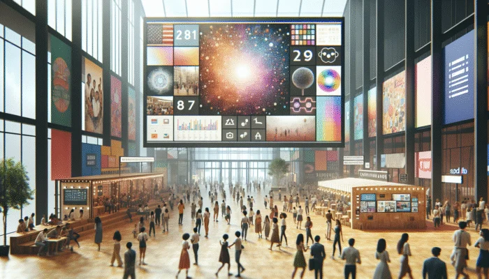 A vibrant community hub with individuals sharing photos and stories on a digital display, surrounded by interactive booths and brand logos.