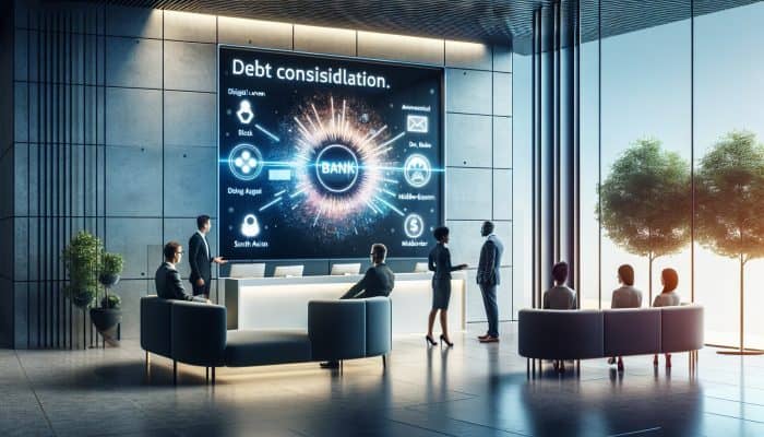 Modern bank lobby showcasing Barclays' debt consolidation loans, with a consultant assisting diverse clients.
