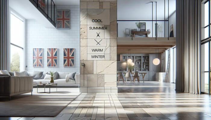 Elegant UK home interior displaying durable travertine tiles that provide thermal comfort and timeless beauty.
