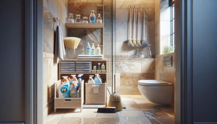 UK bathroom featuring travertine tiles and suitable cleaning supplies for natural stone care.