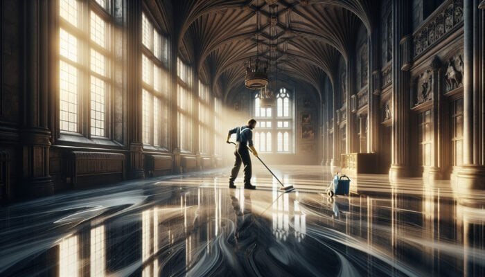A person meticulously cleaning glossy marble floors in a Scottish Borders castle, ensuring no streaks, with sunlight streaming through large windows.