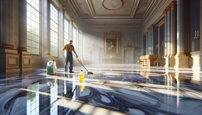 A person cleaning glossy marble floors in a historic Scottish Borders home, ensuring no streaks with sunlight streaming through the windows.
