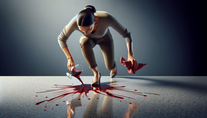 Person blotting a red wine spill on a granite floor with a cloth to prevent stains and etching.