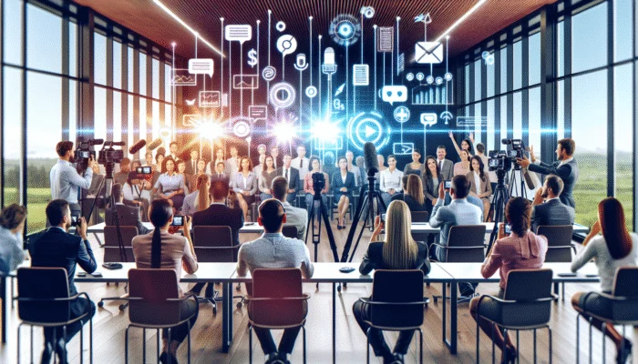 A diverse group of clients sharing enthusiastic testimonials in a modern office setting equipped with digital recording technology.