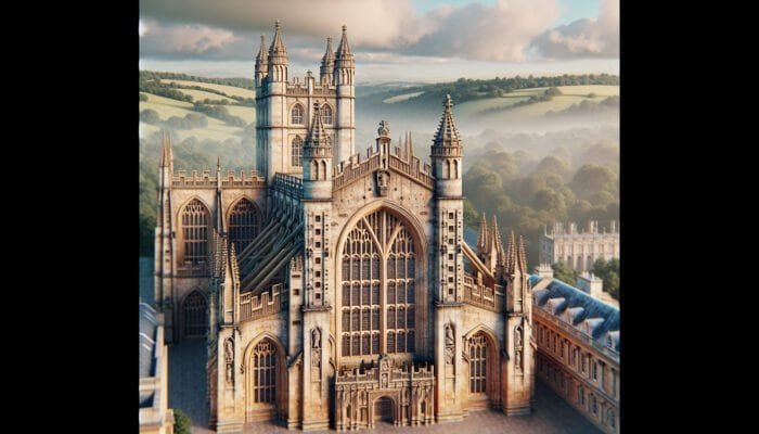 Restored limestone façade of Bath Abbey in Somerset, demonstrating revitalized stonework after steam cleaning and chemical treatments.