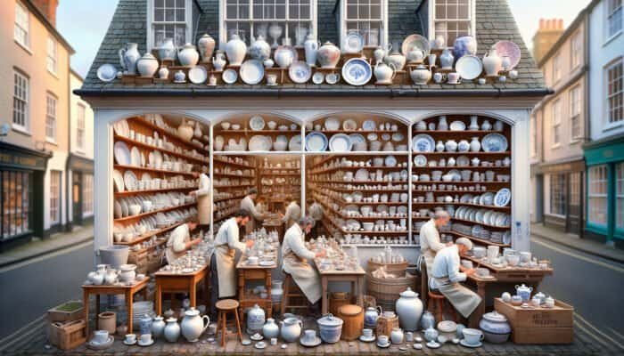 A welcoming East Calder porcelain repair shop with skilled artisans restoring ceramics, providing personalized consultations.