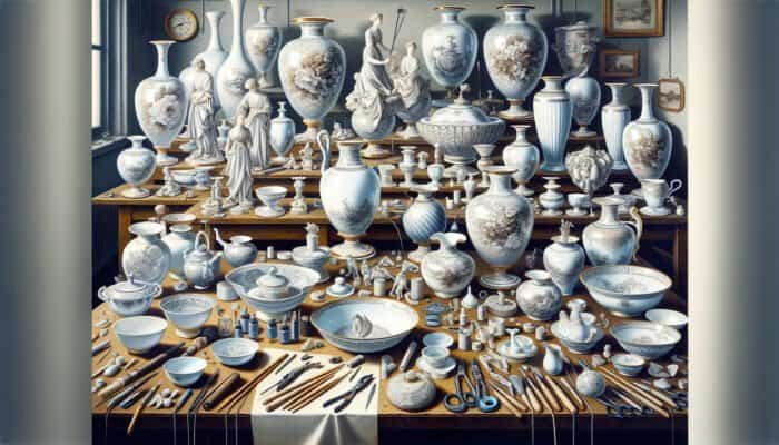 Skilled artisans in East Calder meticulously repairing porcelain items such as vases and figurines.