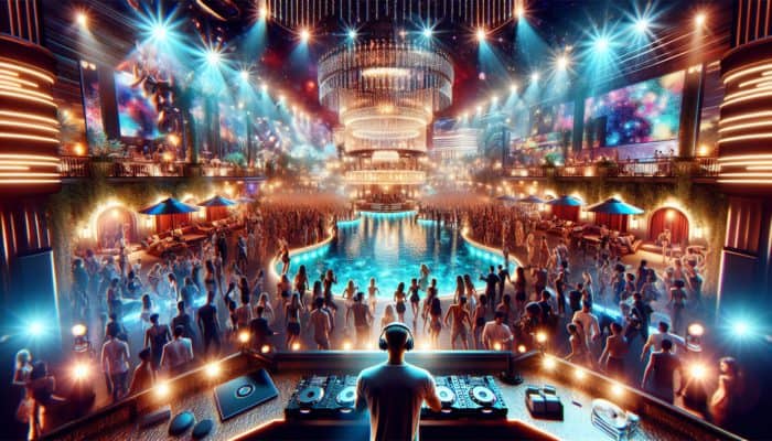 A bustling dance floor at XS Nightclub in Las Vegas featuring vibrant lights, an outdoor pool, and a DJ.