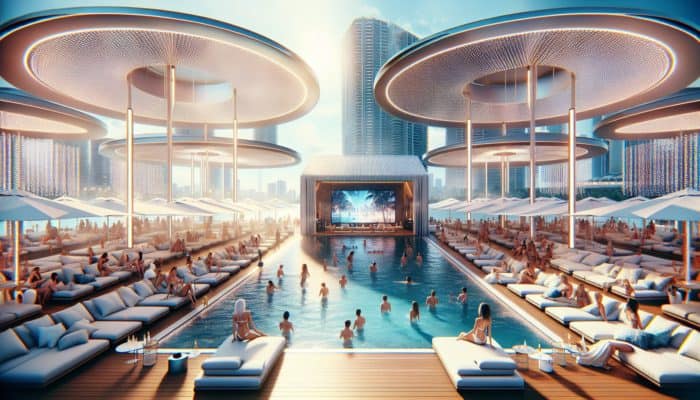 Luxurious pool party with stylish cabanas, lounge chairs, TVs, and bottle service amidst a vibrant, exclusive atmosphere.