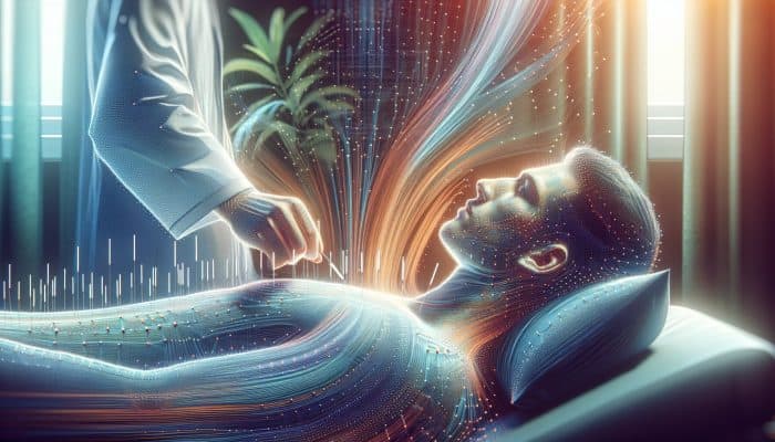 A serene acupuncture session in a UK clinic, targeting emotional regulation points for mental health.