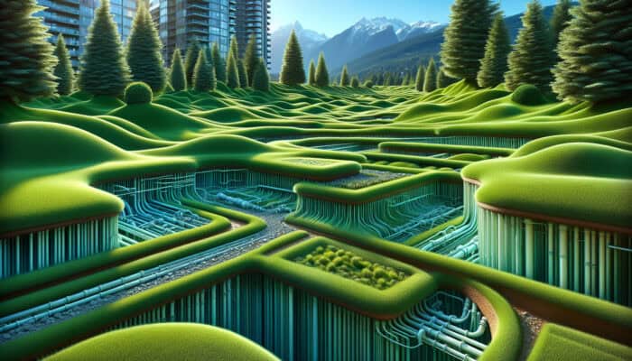 A lush green lawn with an underground drainage system preventing water pooling and erosion.