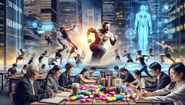 Caffeine supplements in pills, powders, and drinks energizing people in a Tokyo gym and Copenhagen study space.