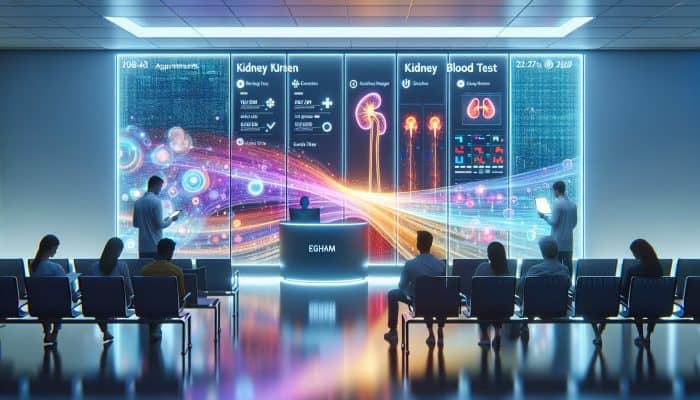 Modern clinic waiting room with patients using digital screens to schedule kidney blood test appointments in Egham.