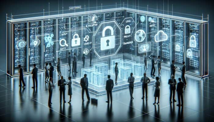 A futuristic server room with glowing encryption symbols, staff in training, and clear privacy policy documents.