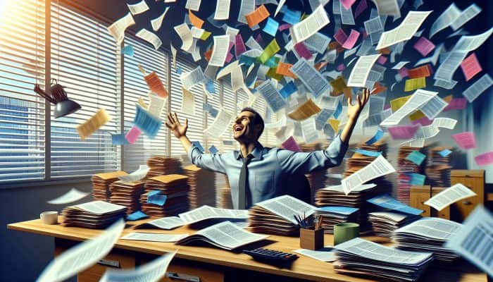 Debt Consolidation Loans and Late Payment Fees: UK Guide | DCL Debt Consolidation Loans and Late Payment Fees: Person consolidating chaotic debt papers into one orderly document, symbolising financial relief and simplification.