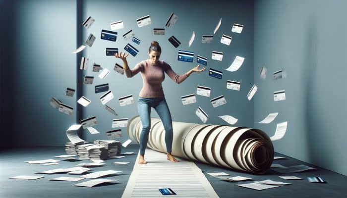 Debt Consolidation Loans and Late Payment Fees: UK Guide | DCL A person stressed with multiple credit cards, finding relief through a single debt consolidation loan.