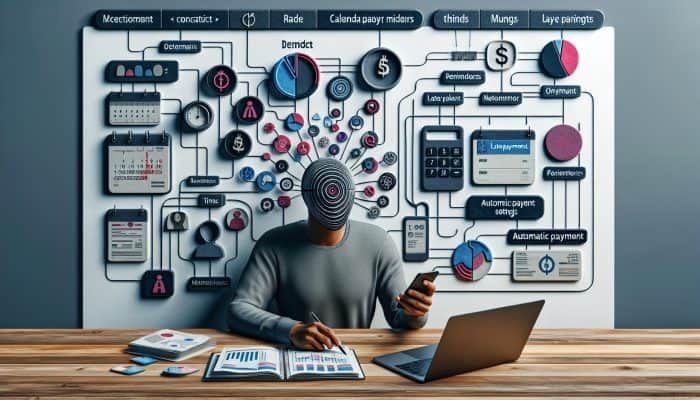 Debt Consolidation Loans and Late Payment Fees: UK Guide | DCL Person using smartphone and laptop to set reminders and automatic payments, reviewing financial statements to avoid late fees.