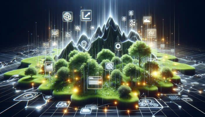 Illuminated keyword-rich headings improving SEO, surrounded by search icons and upward trends.