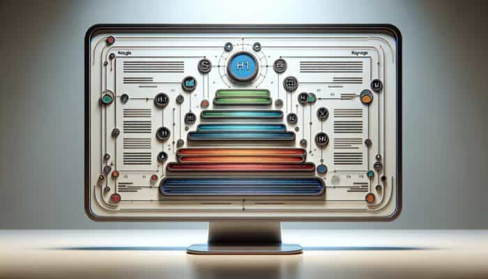 Digital display showcasing SEO-friendly headings (H1, H2, H3) integrated with keywords on a contemporary backdrop.