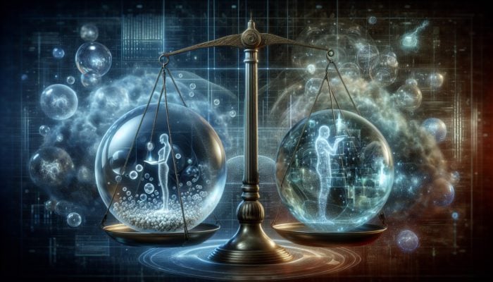 A balance scale weighing "Best Practices for SEO in 2023" against engaged readers and search engine algorithms.